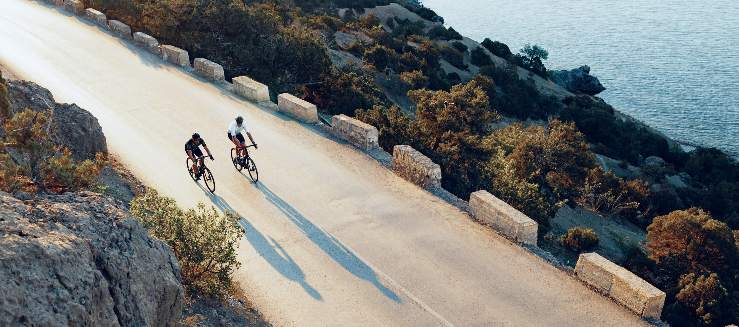 Two professional male cyclists riding their racing bicycles in the morning together